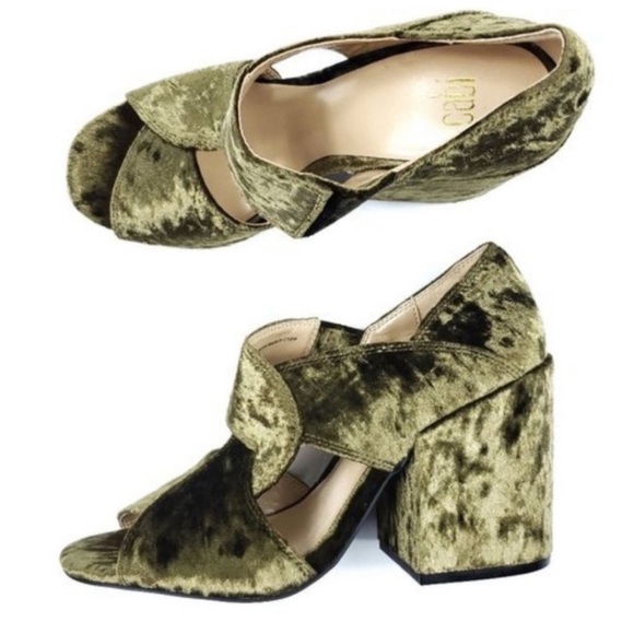 CAbi Interlock Olive Crushed Velvet Chunky Heel Shoes Open Toe Size 7 - Picture 13 of 14